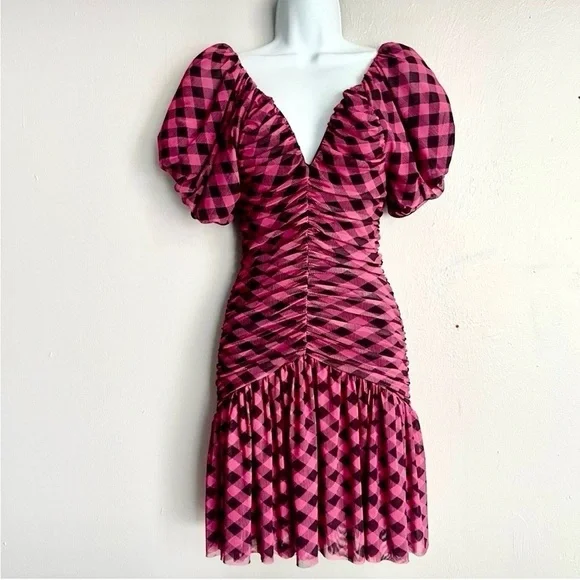 Miss Selfridge Pink Checkered Mesh Fit And Flare Dress 6 - Picture 3 of 16